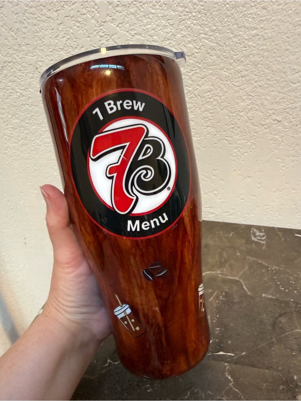 7Brew Wood Grain Hand Painted Seven Brew 32 oz Tumbler Cup with Coffee Caddy Lid
